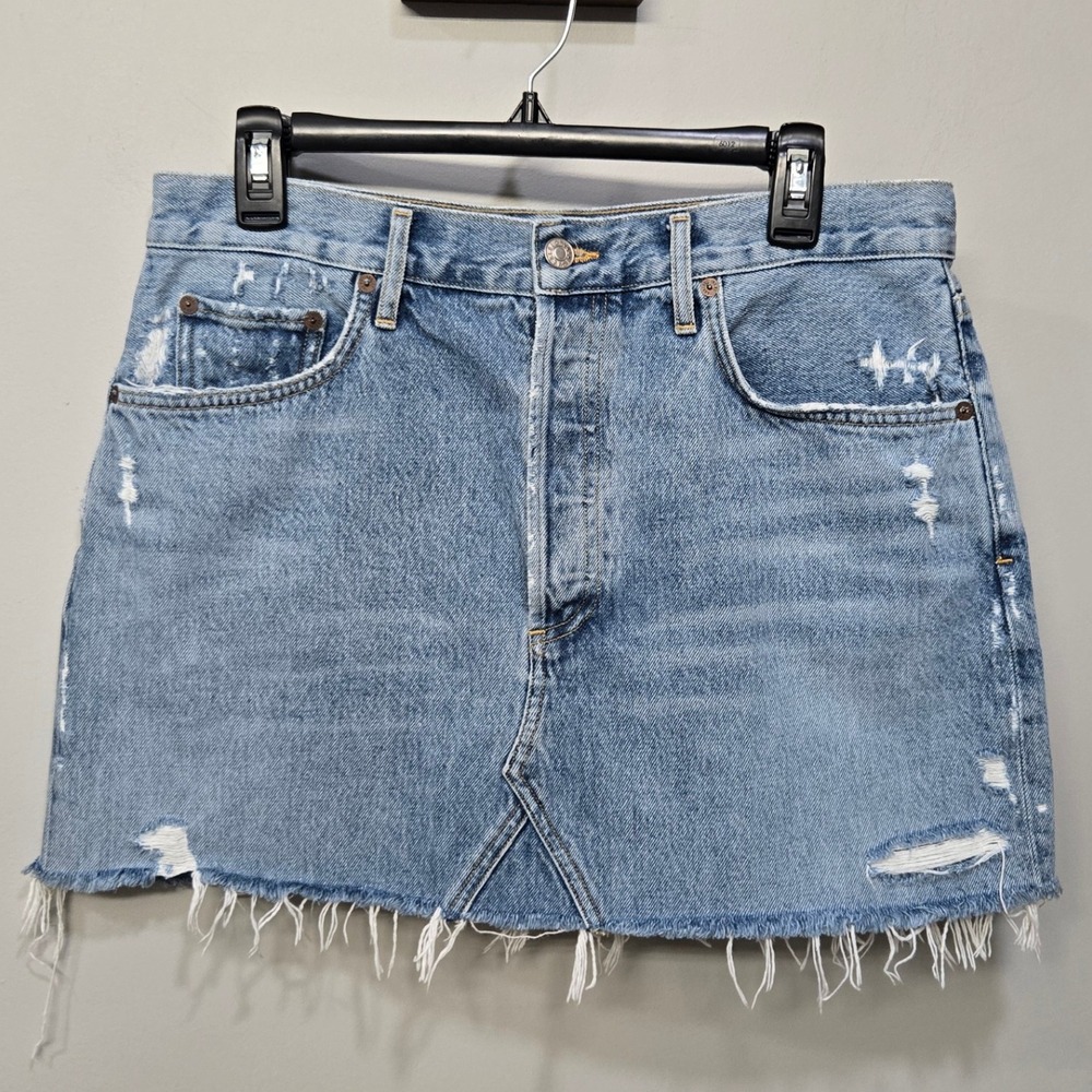 Agolde Light Wash Distressed Denim Mini Skirt
